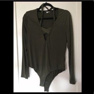 K-glam Faux Halter Long Sleeve Bodysuit (Hunter Green)